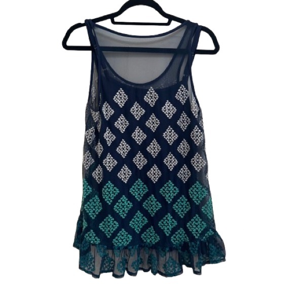 Wit & Wisdom Boho Navy Patterned Mesh Tank w/ Under Tank in Women’s Medium - Picture 1 of 4